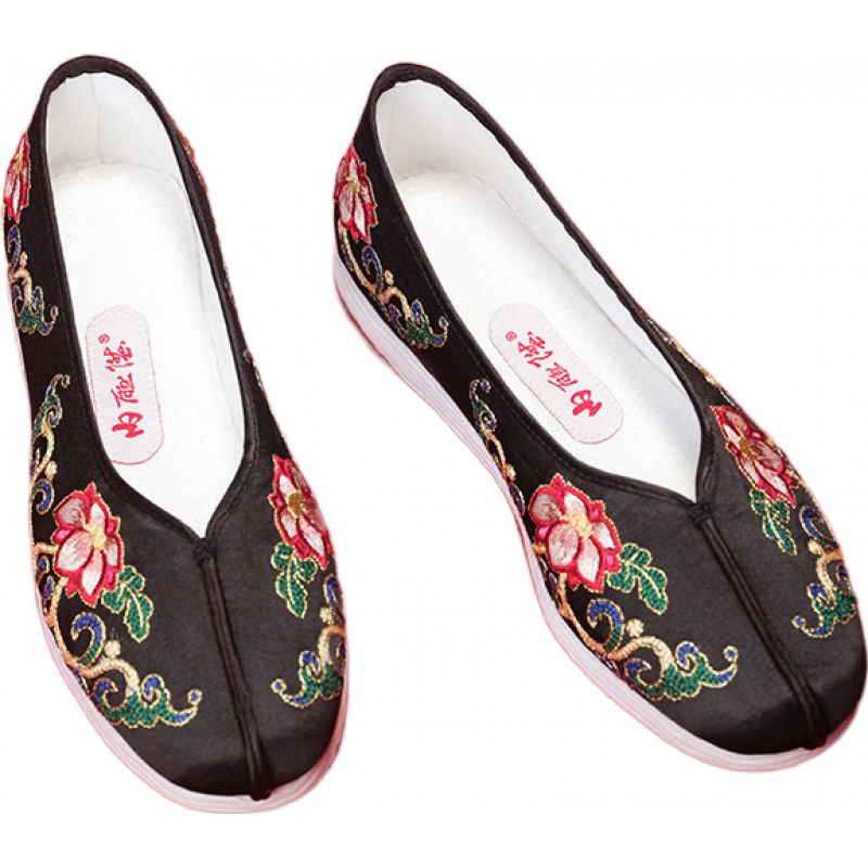 內(nèi)聯(lián)升布鞋春季新款女鞋手工千層底布鞋織錦盤(pán)金牡丹繡花鞋 黑底 37