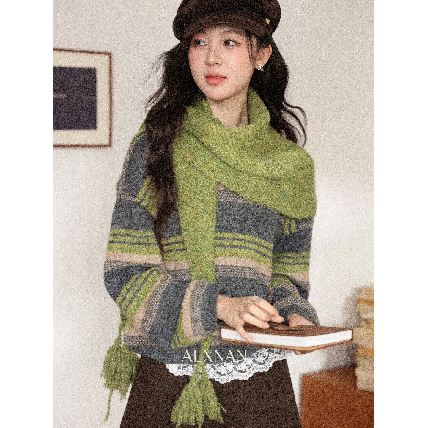 鹿向南「青纹绿围」慵懒风条纹绿色毛衣女秋冬别致独特针织衫绿色毛衣 S