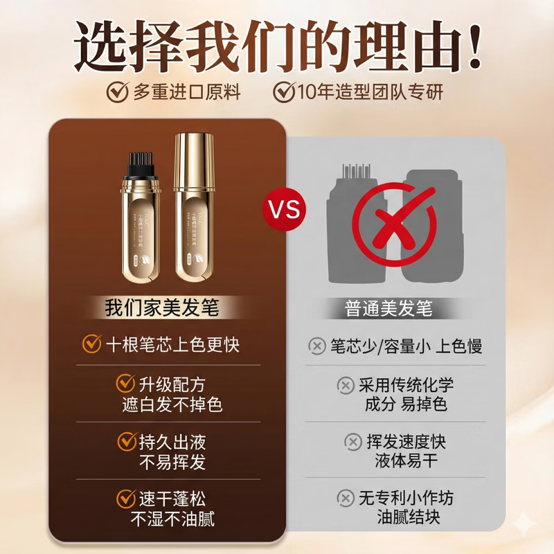 MVIC小金管染发笔植物遮盖白发神器美发棒黑发剂梳持久不掉色防水防汗 自然黑【1支装】一梳黑 手摸不掉色