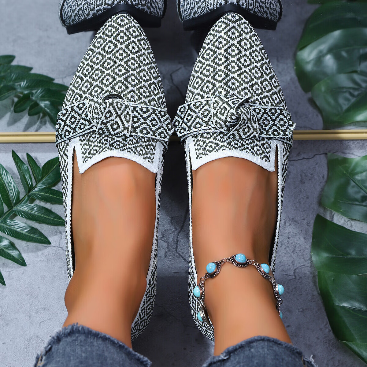 显瘦尖头大码平底单鞋女2025时尚飞织一脚蹬蝴蝶结休闲透气拼色单 黄叶花 36