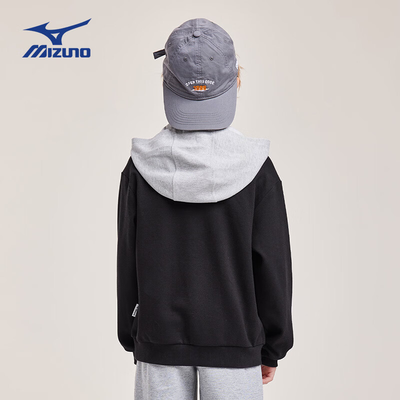 美津浓(MIZUNO)儿童卫衣连帽套头假两件时尚春秋百搭简约男女中大童 黑色 140 cm (建议身高135-145cm)