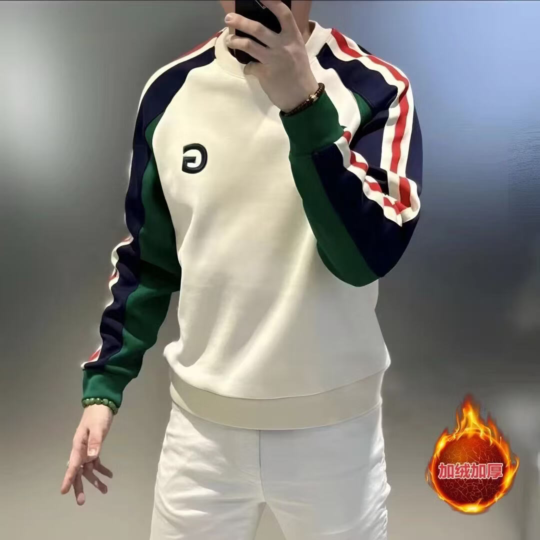 【轻奢欧品】男士条纹撞色卫衣加绒长袖t恤时尚刺绣百搭打底衫CF 白色【加绒加厚】 3XL 【165-180斤】