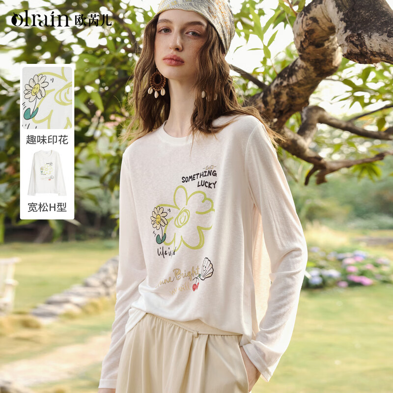 Olrain【5折】天丝白色松弛感休闲减龄印花长袖T恤2026春新款别致上衣女 白色 S