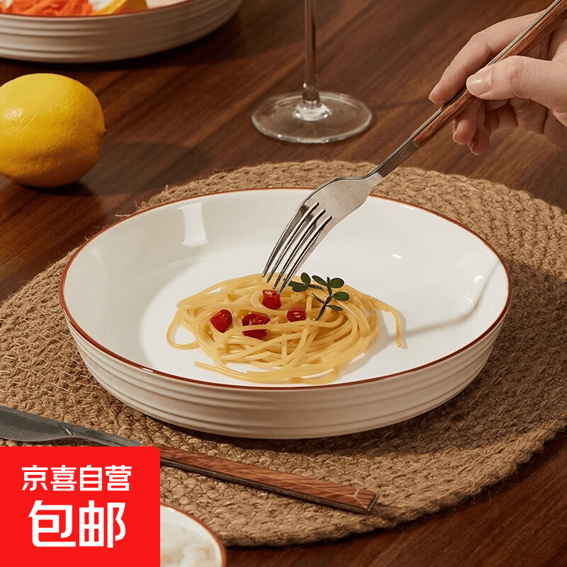 欧式高级陶瓷盘圆形加厚深盘复古简约餐具 纯白福线-8英寸饭盘2个装