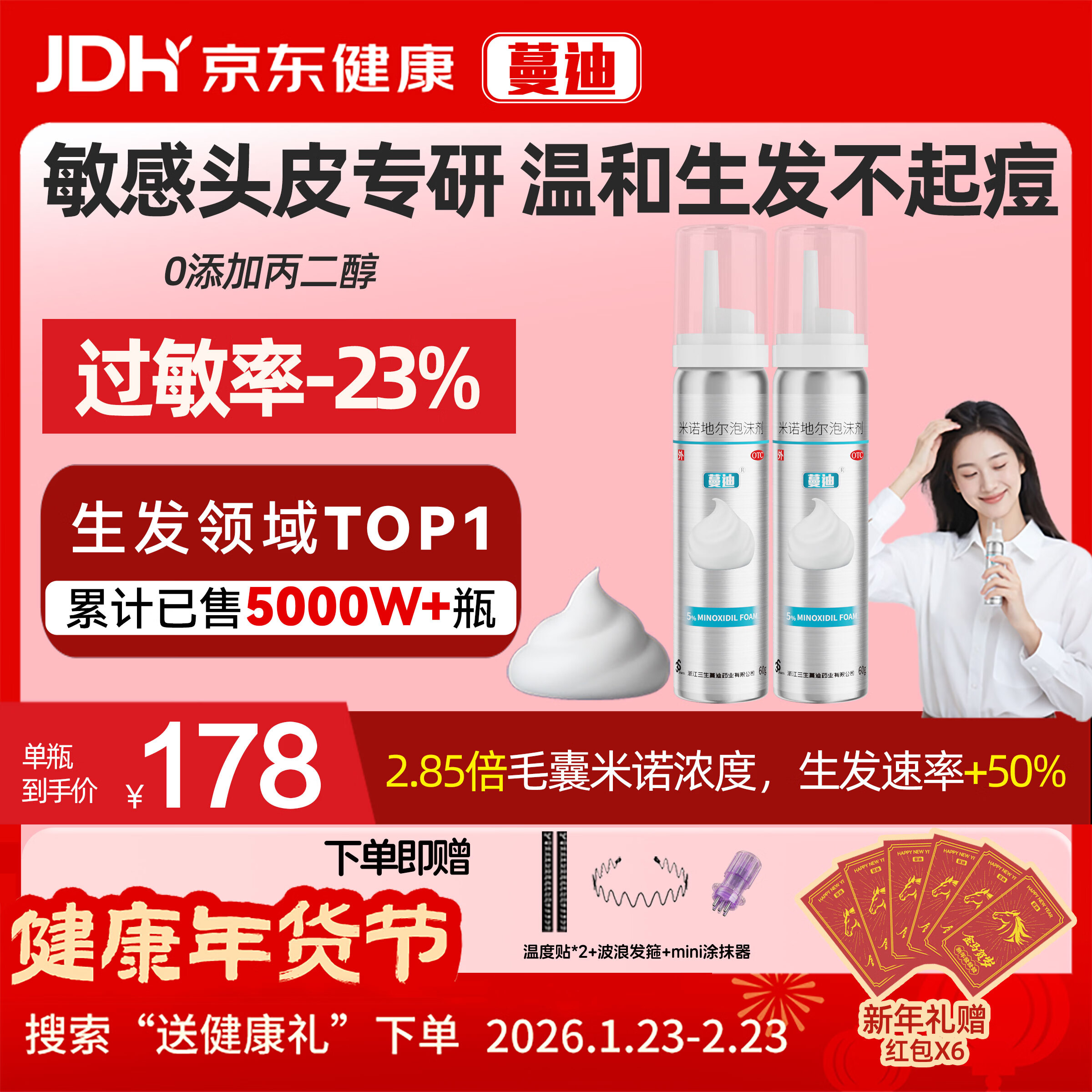 【第二代米诺地尔】蔓迪生发泡沫60g*2（敏皮专属 温和不油腻）5%男女士快速防脱育发米洛原液搽剂酊曼迪