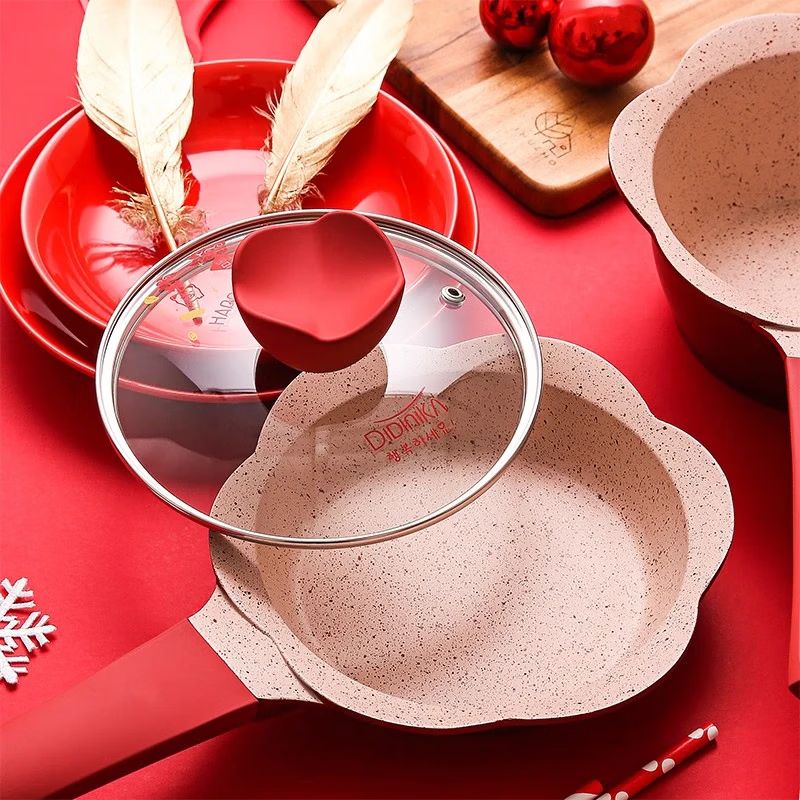 Didinika辅食锅奶锅16cm宝宝奶锅婴儿小奶锅平底汤锅麦饭石不粘锅煎锅 红花瓣套装 16cm