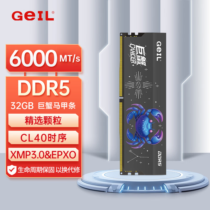 GEIL金邦32GB DDR5-6000 台式机电脑内存条 巨蟹马甲条系列金属灰 C40 电脑升级加装