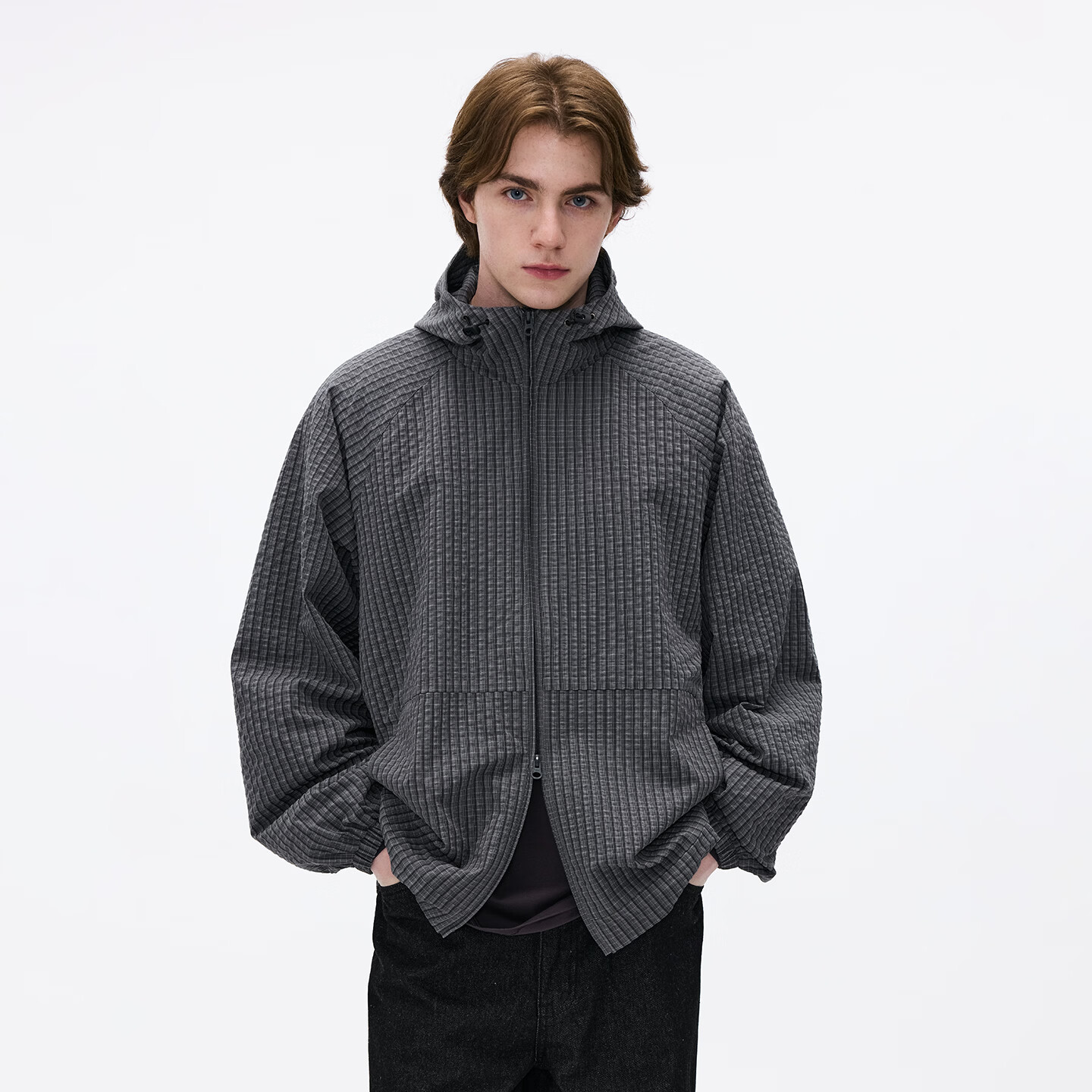 熊猫·本（ben.panda）格纹运动夹克男士宽松连帽日常通勤外套2026春季新款 中灰色 L