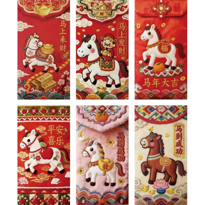 RSRDDY纸质5D仿刺绣视觉红包马年红包天花板春节新年红包压岁钱红 纸质马年红包10包 红包60
