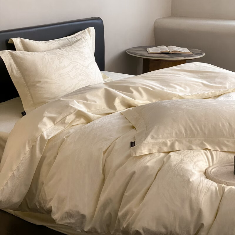 ROLAND LIVE春夏长绒棉全棉提花四件套柔软透气AB版被套床单床笠家用床上用品 SW 长绒棉提花四件套-鹿汀象牙白 1.5米床 床单款 【被套200*230cm】