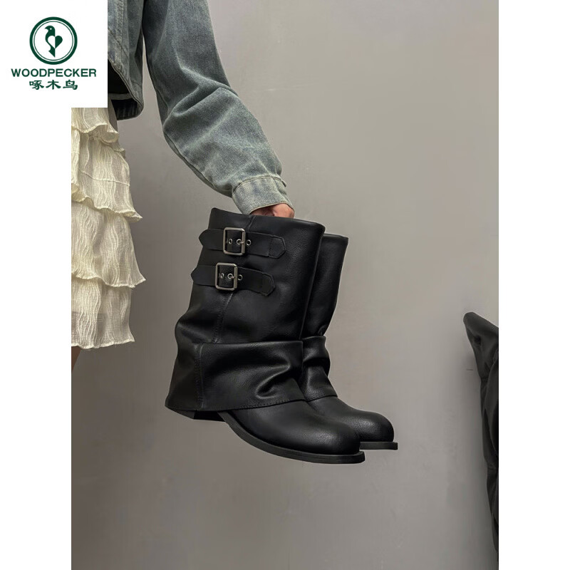 啄木鸟褶皱堆堆裤管靴女2026年春季新款粗跟黑色短靴配裙子机车马丁靴子 1黑色 35