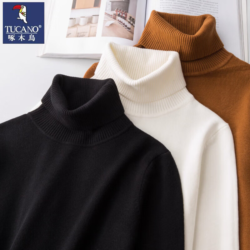 啄木鸟毛衣男2025秋冬季新款加绒加厚保暖内搭针织毛线长袖打底上衣男 黑色加绒 M