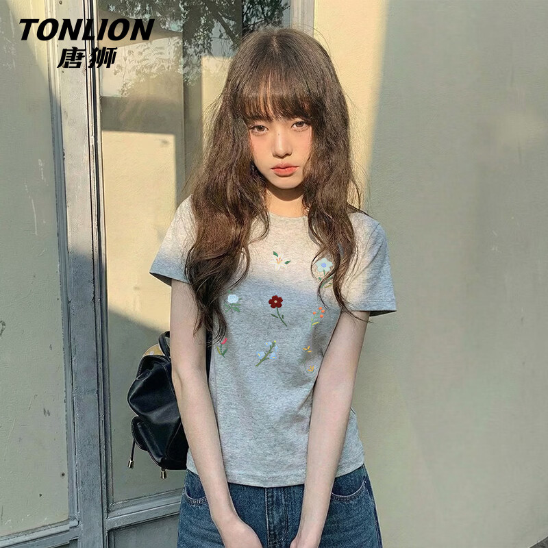 唐狮（TonLion）正肩短袖t恤女修身显瘦圆领上衣服新款性感辣妹小个子亲肤内搭
