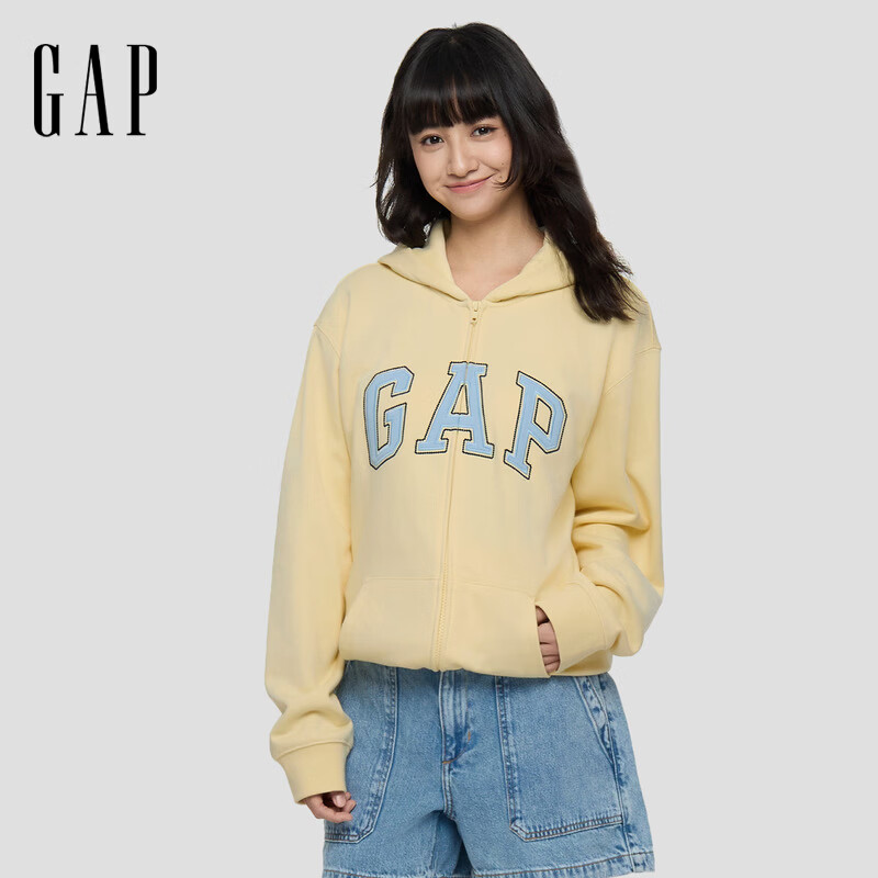 盖璞Gap男女装2026春季新款logo刺绣宽松拉链开襟连帽卫衣上衣854670 鹅黄色 S (165/88A)亚洲尺码