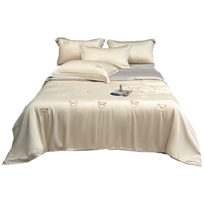 无印良品A类夏季冰丝床上四件套1.5/1.8米床 轻奢印花抑菌被套200*230cm  悠米熊拼淡雅灰