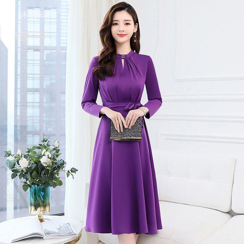 连衣裙女早秋新款时尚气质长袖百搭名媛淑女桑蚕丝裙子 紫色连衣裙 m