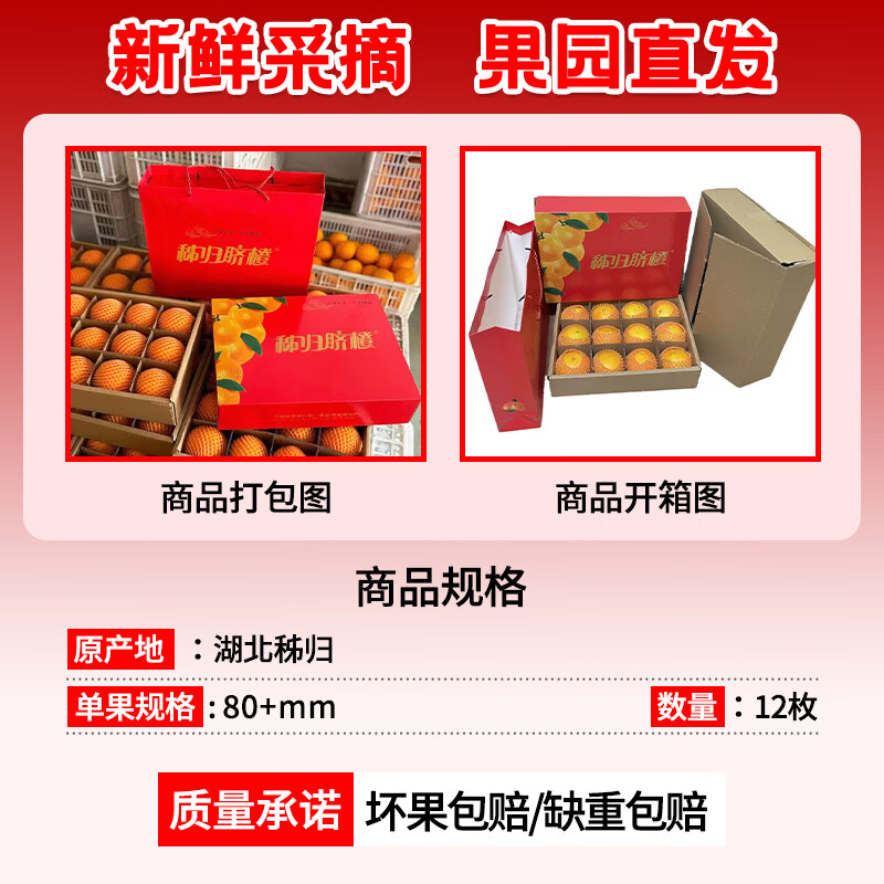 秭归红现摘湖北秭归中华红橙血橙应季皮薄新鲜水果产地直发 【水果礼盒】红橙臻品12枚（80mm+）