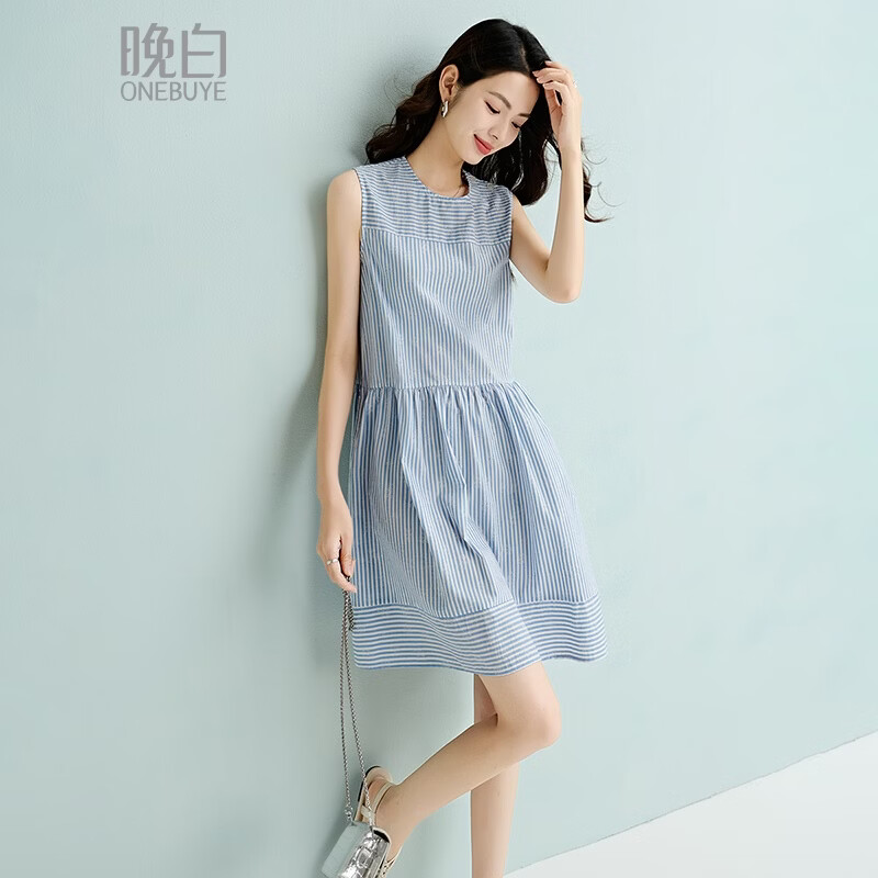 晚白【新品】2026年夏款韩系条纹裙子休闲减龄莱赛尔亲肤无袖连衣裙 条纹 XL