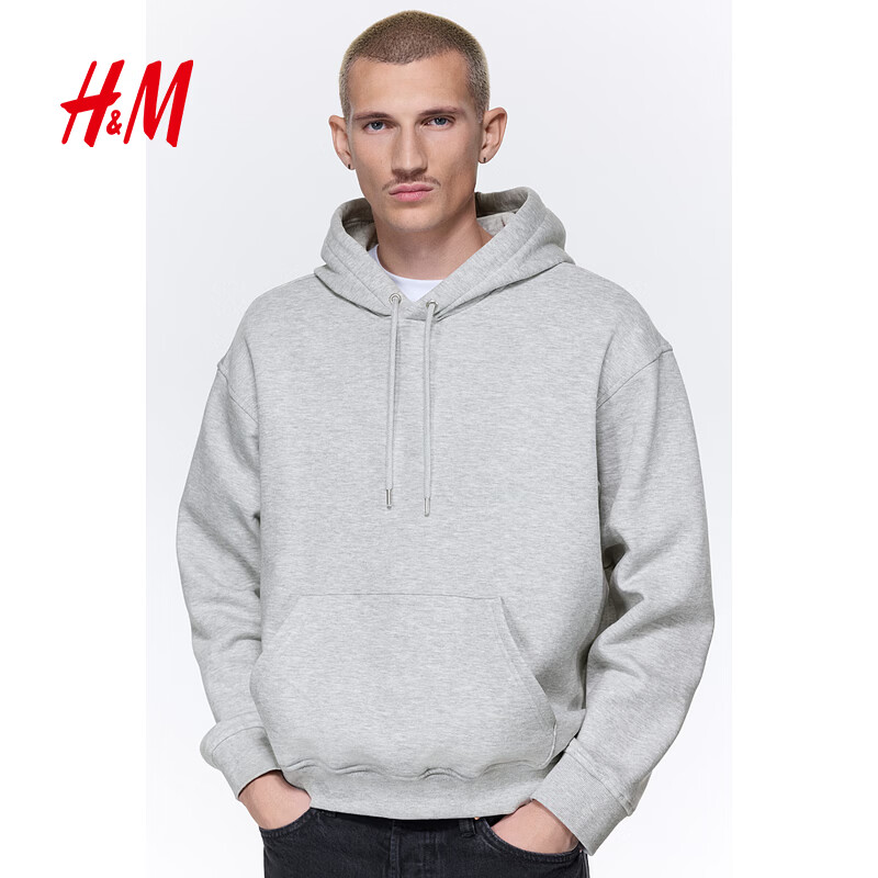 H&amp;M男装女装卫衣落肩袖宽松落肩宽松卫衣户外红色连帽衫0970819 混浅灰色 L 175/108