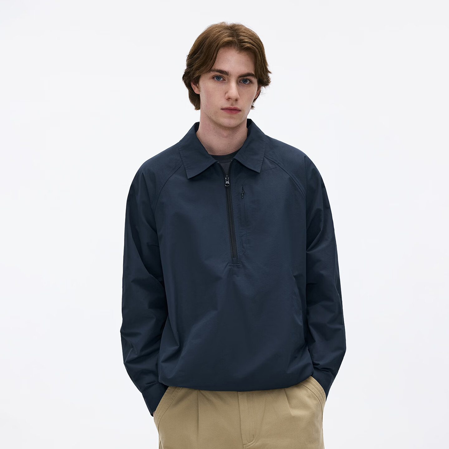 熊猫·本（ben.panda）纯色半开领套头衬衫男休闲翻领长袖外套2026春季新款 藏青色 XL