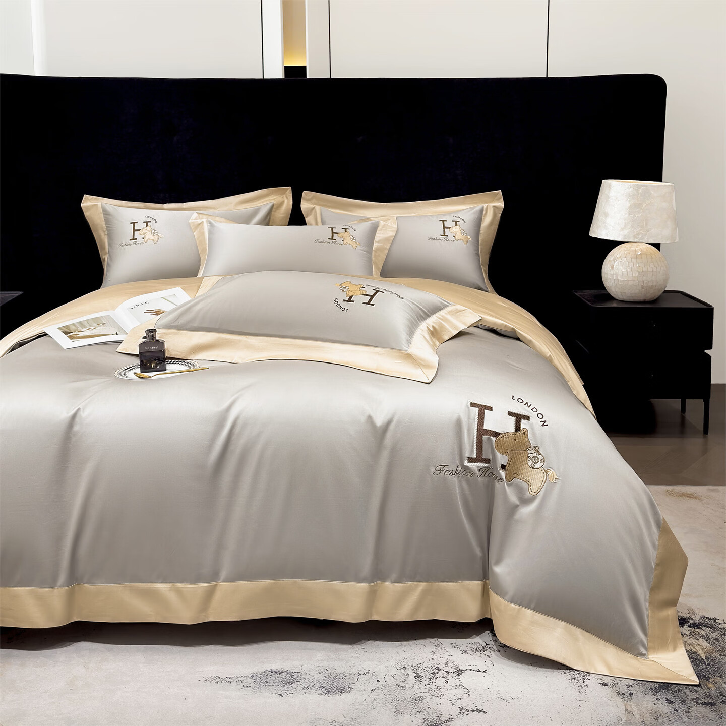 160支长绒棉四件套100%纯棉刺绣26年新款四季通用亲肤床上四件套 萌马-铂金灰 1.5m 床单款 被套200*230cm四件套