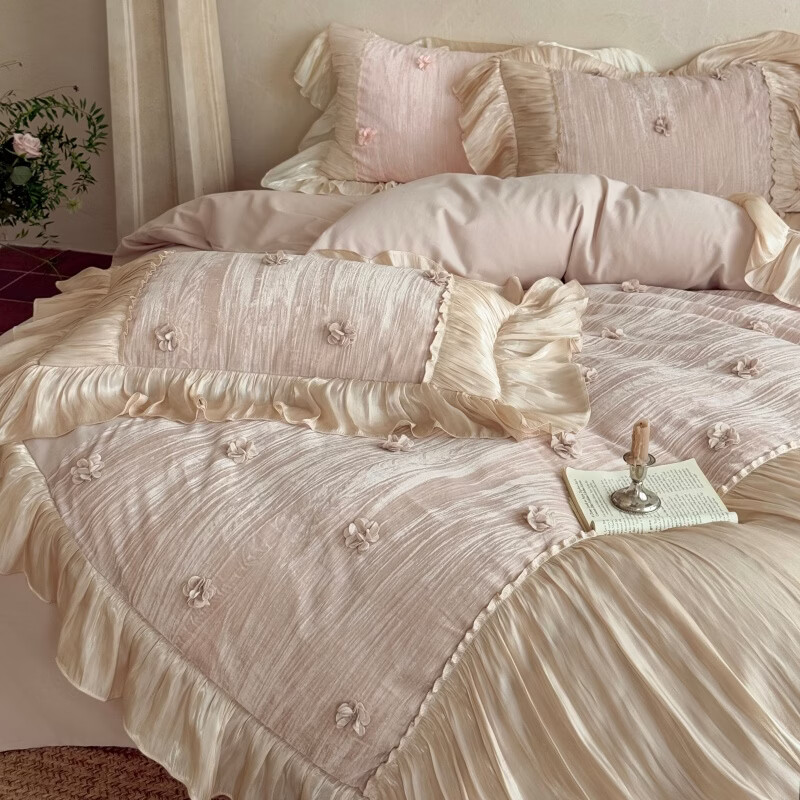 ROLAND LIVE新疆长绒棉四件套法式皱皱纱花边被套浪漫公主风床单全棉床上用品 WL 长绒棉四件套-微光可可奶咖 1.8米床 床单款 【被套200*230cm】