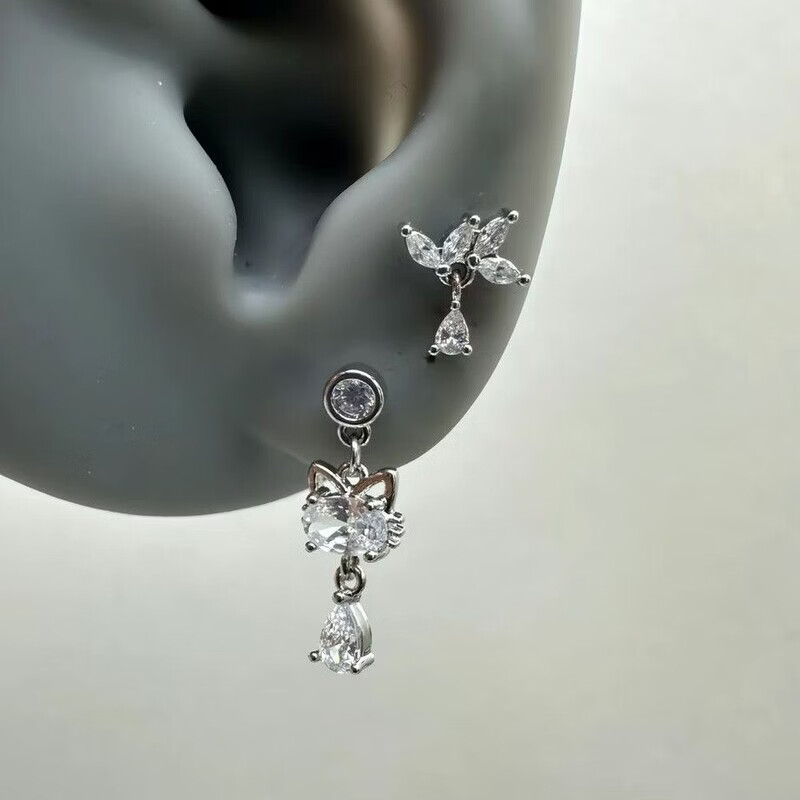 KZD老凤凰Vintage古着灵猫钛钢耳骨钉小众设计独特ins风猫咪吊坠耳饰 灵猫钛钢螺旋钉【一对】蓝色