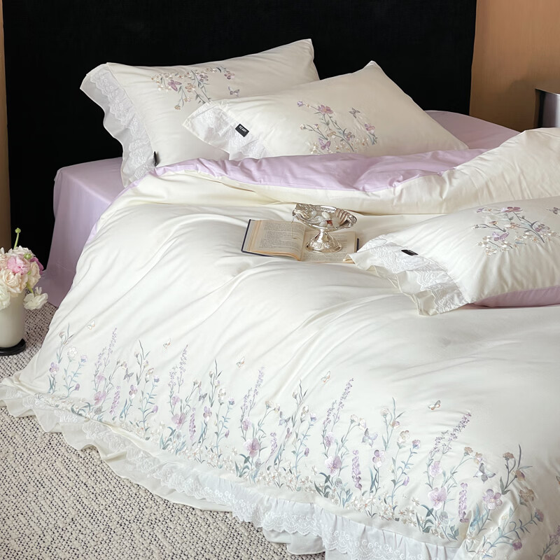 ROLAND LIVE春夏森系全棉小清新四件套少女心花边被套床单透气四季床上用品 KZ 全棉刺绣四件套-花素印象奶白 标准 床单款 【被套200*230cm】