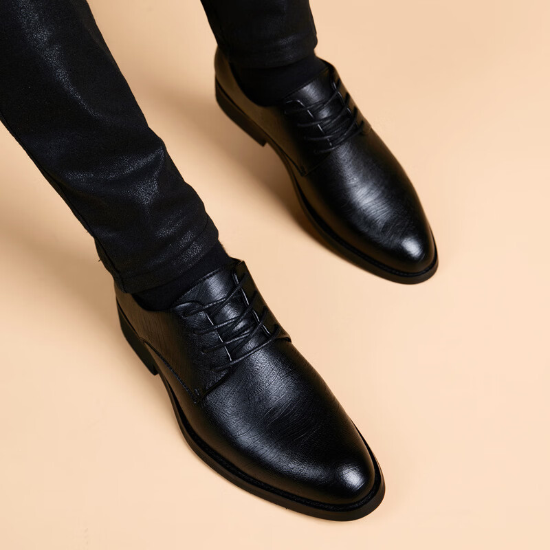 Walker Shop轻奢皮鞋男款尖头系带中年商务正装男鞋休闲内增高软底皮鞋透气 黑色内增高【品牌男鞋 礼盒包装】 39