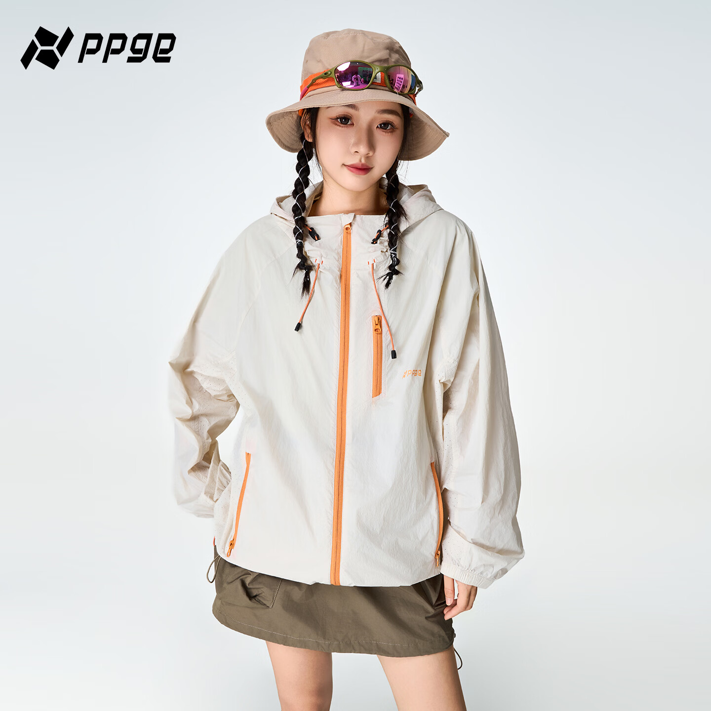 PPGE防晒衣UPF100+防紫外线透气连帽衣服户外男女同款撞色拉链外套 流云白 S