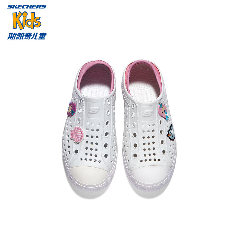 Skechers斯凯奇儿童鞋一脚蹬包头凉鞋夏季男女洞洞鞋中大童沙滩鞋308310L 女童/白色/WHT 35