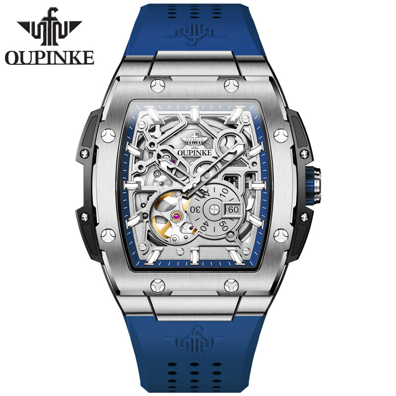 欧品客新款瑞士认证进口机芯镂空机械手表男酒桶硅胶表带防水男士手表 黑胶带本白男