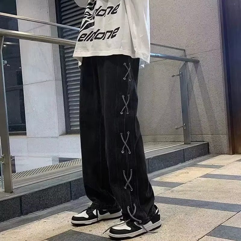 绅栩牛仔裤男夏季薄款宽松阔腿直筒裤秋系绳侧边格子设计直筒修身显瘦