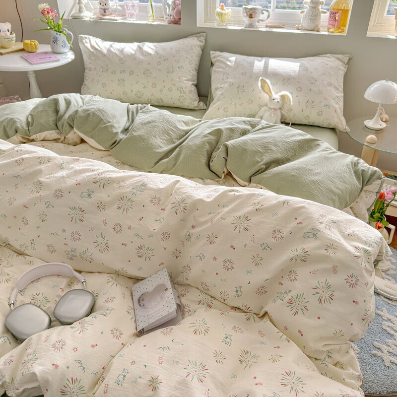一默四件套2026款A类古法水洗仿棉云感纱被套床单床笠枕套家用四件套 烟花星语 2.0m 床单款 (被套200*230cm) 四件套