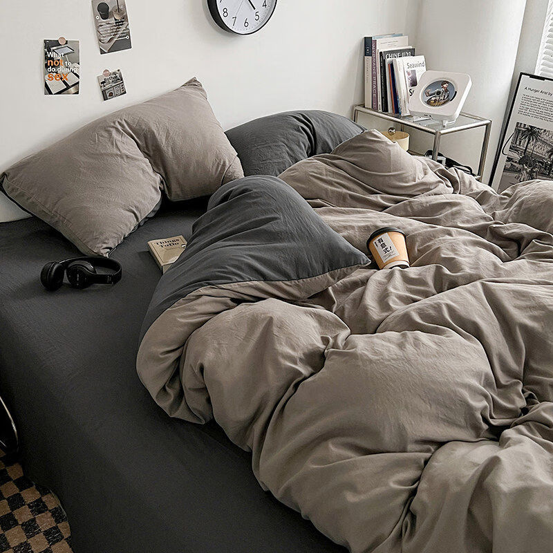 猫人（MiiOW）水洗棉被套单件非纯棉全棉被罩150x200x230cm2026新款被单人单独3 浅灰深灰【柔软舒适亲肤裸睡】 1.8m床单四件套【适合180X220cm被芯】
