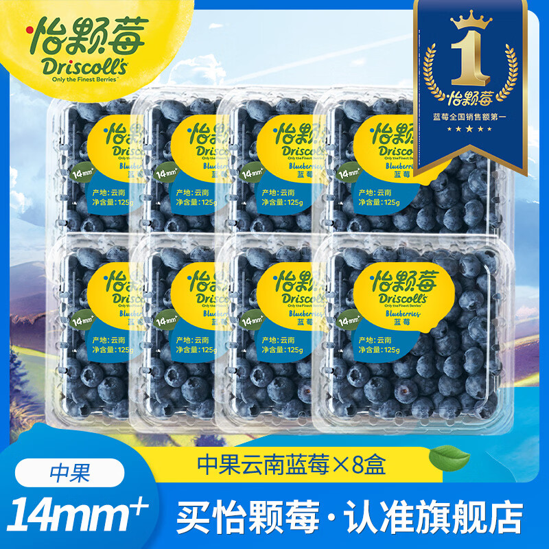 怡颗莓【爆浆好果】蓝莓云南当季 新鲜蓝莓 生鲜水果 送礼 中果125g*8盒（14mm+）