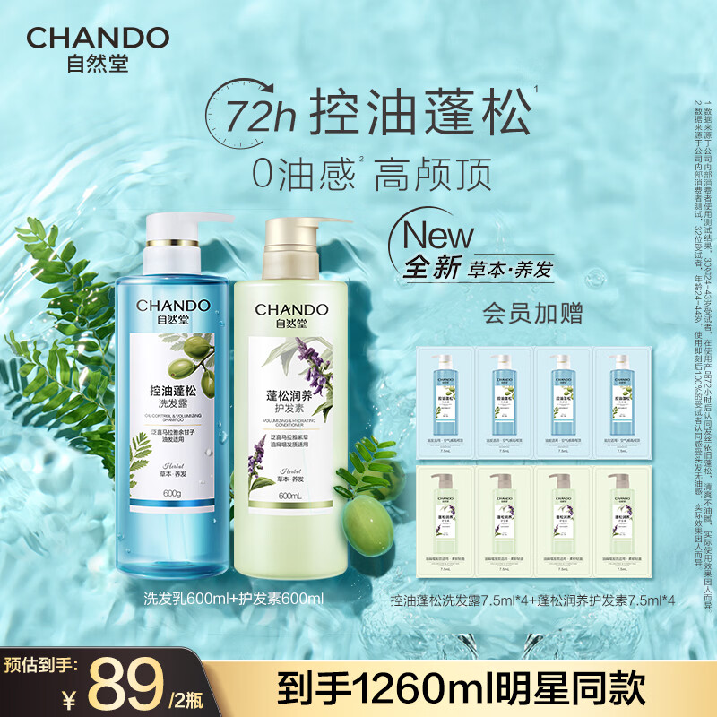 自然堂洗发水 草本养发控油蓬松去屑止痒洗发露赵露思推荐 控油洗发露+蓬松护发素 600ml*2瓶 京东折扣/优惠券