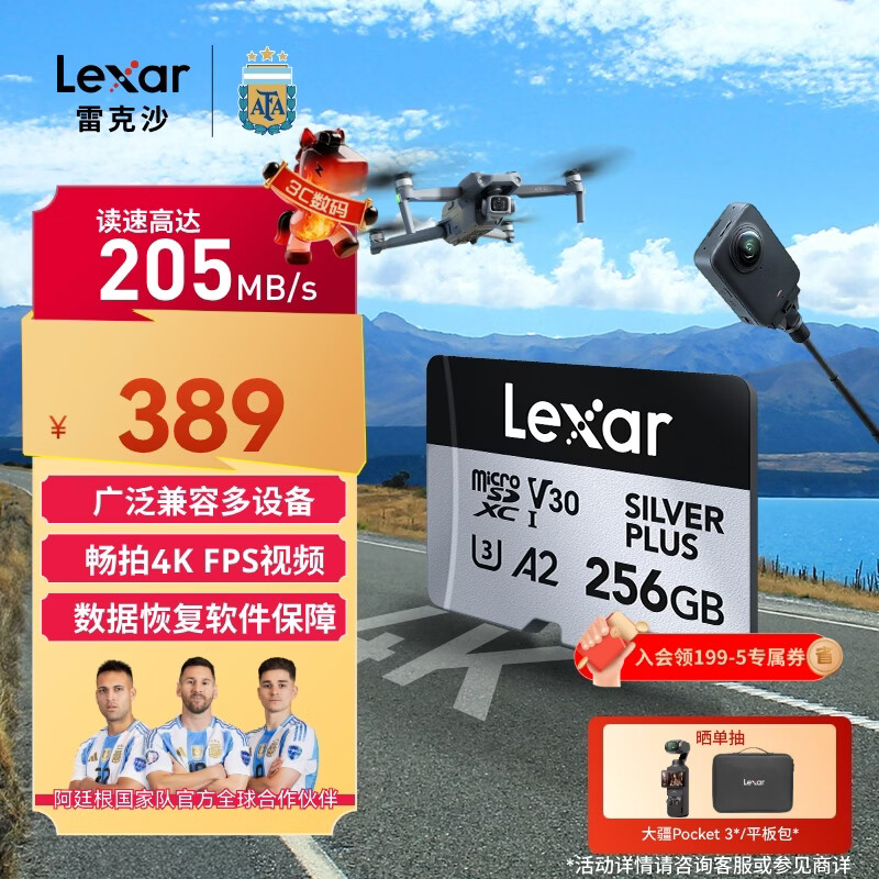 雷克沙（Lexar）256GB TF（MicroSD）存储卡 V30 4K 读205MB/s 无人机运动相机游戏机内存卡（SILVER PLUS）