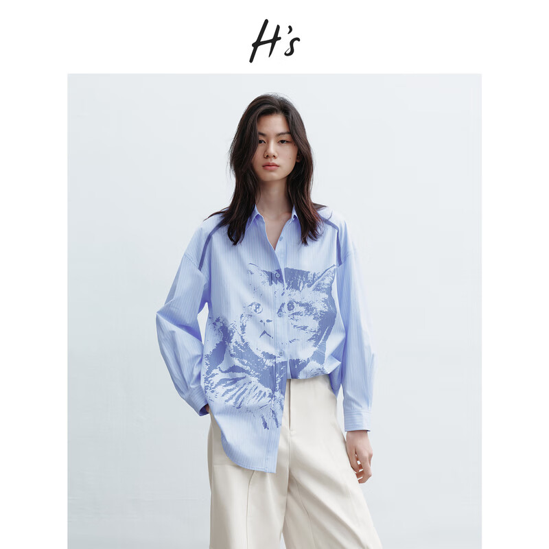 H's蓝白条纹衬衫女26年春季新款高级设计感猫咪印花宽松落肩衬衣 蓝白条纹 XS