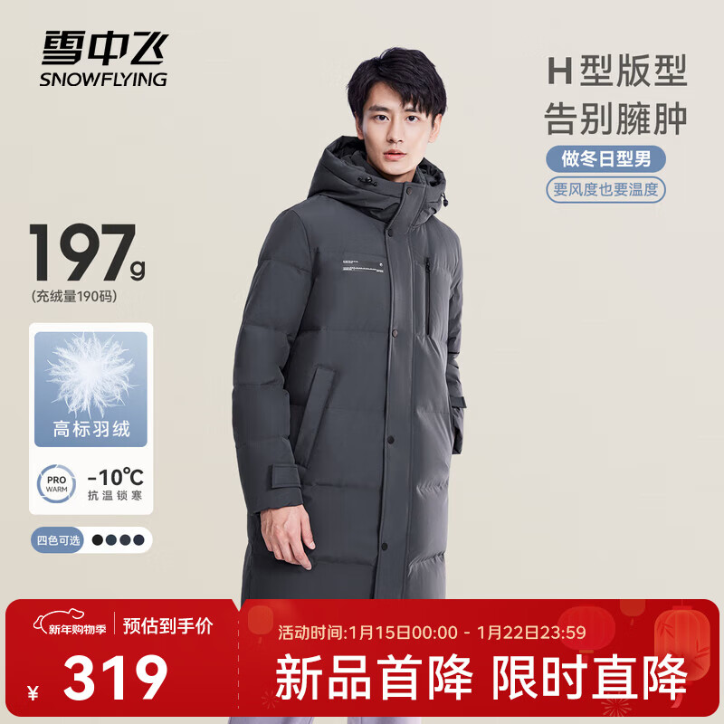 雪中飞秋冬新款时尚休闲舒适廓形男士“H”版型印花立领连帽羽绒服男 钢铁灰|8224 【品质高充绒】 XL 180/100A