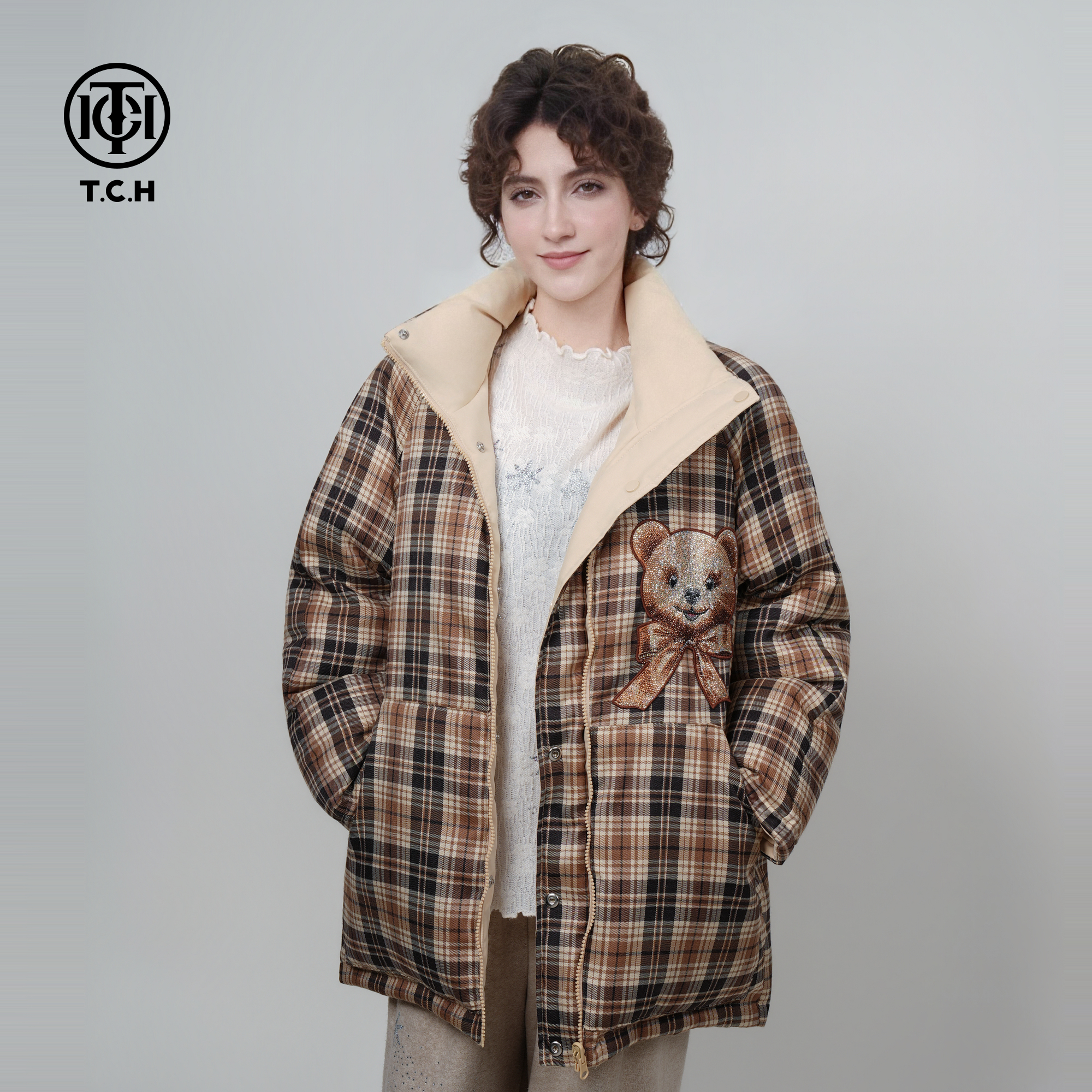 TCH立领羽绒服外套女26年早春款烫钻格纹设计感百搭保暖千金风拉链衫 卡格 L