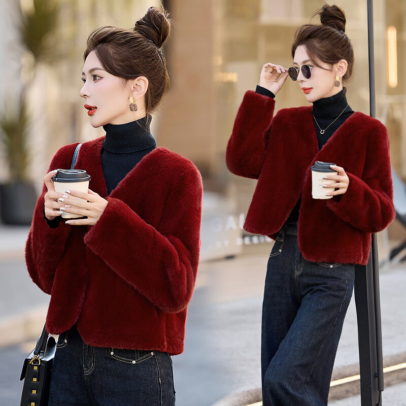 小香风颗粒绒短款外套女2026春季新款时尚小个子加厚保暖毛毛大衣 米白色 XL