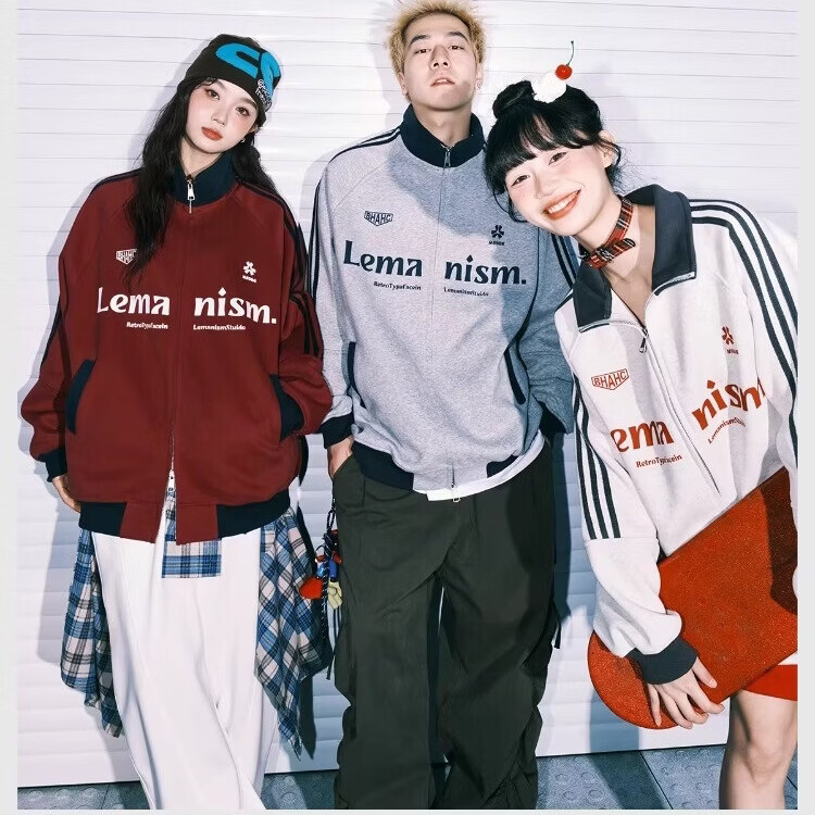 LEMANISM棒球服红色外套男款立领春季情侣美式运动夹克卫衣女 白花灰 XL