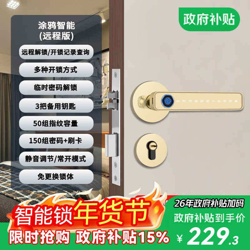 法雷斯顿 FALEISTON指纹木门锁室内门密码锁卧室智能门锁办公室门把手电子锁公寓民宿 金色分体款-Wi-Fi联网版(远程管理)