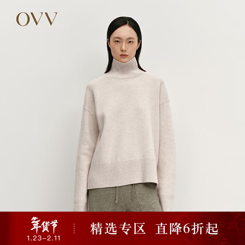 OVV秋冬热卖女装优雅时髦松弛长袖可翻折高领羊绒衫 燕麦色 M
