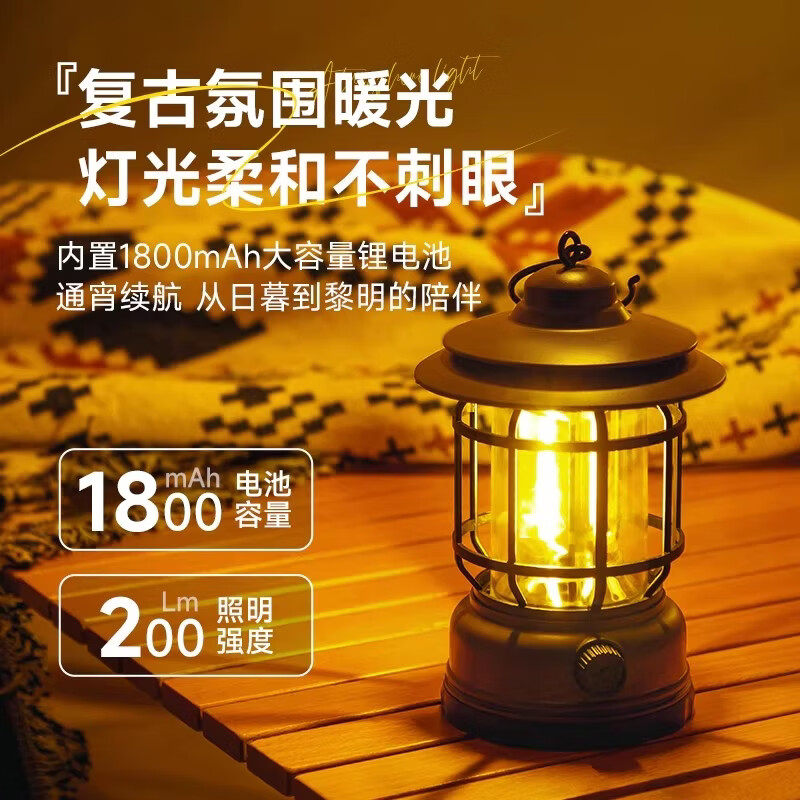 荒野拾光露营灯户外灯照明超长续航充电马灯复古氛围灯挂式野营户外帐篷灯 【串灯氛围套餐】充电款耀夜黑+串灯