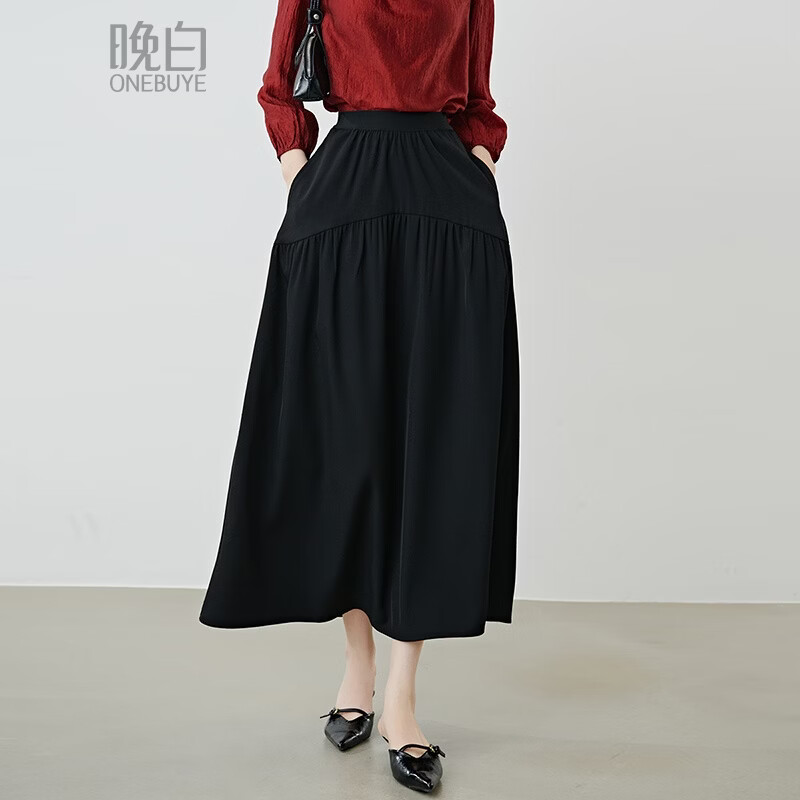 晚白【新品】2026春款弹力松紧腰极简大摆伞裙遮肉显瘦带口袋半身裙女 黑色 L