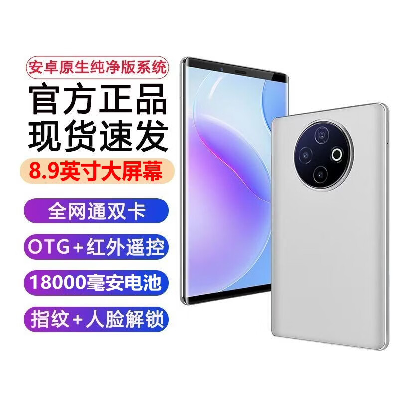 WUHADP正品新款手机512G内存8.9英寸超大屏幕18000毫安长续航全网通5G双卡红外遥控指纹解锁大字体大声音 银色 16GB+1TB