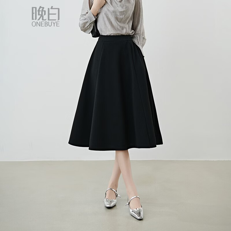 晚白【新品】2026春经典黑色垂感伞裙利落显瘦全里衬有口袋大摆半身裙 黑色 M