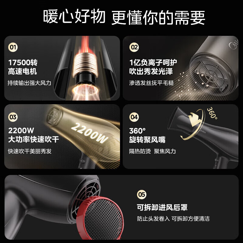 美的专业电吹风机2200W大功率发廊理发店专用吹风筒家用冷热风发廊款 发廊造型款 【6种吹风组合造型百变】